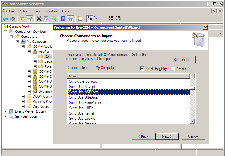 Add a new component to COM+ app - select the upload component
